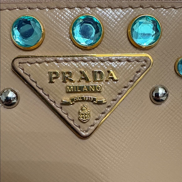 Prada Beige Saffiano Satchel with Turquoise Crystal Studs - Picture 16 of 16